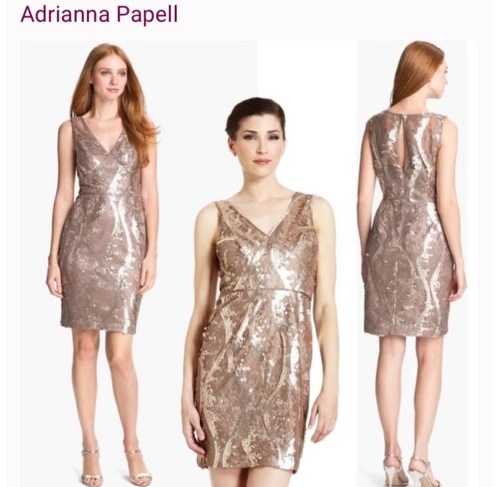 Adrianna Papell Sequin & Lace Mini sleeveless sexy dress in taupe size 8
